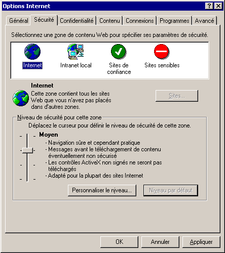 Les propriétés d'Internet Explorer